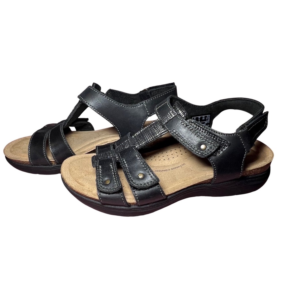 Clarks Collection April Cove Black Leather Strappy Comfort Sandals Womens size 5